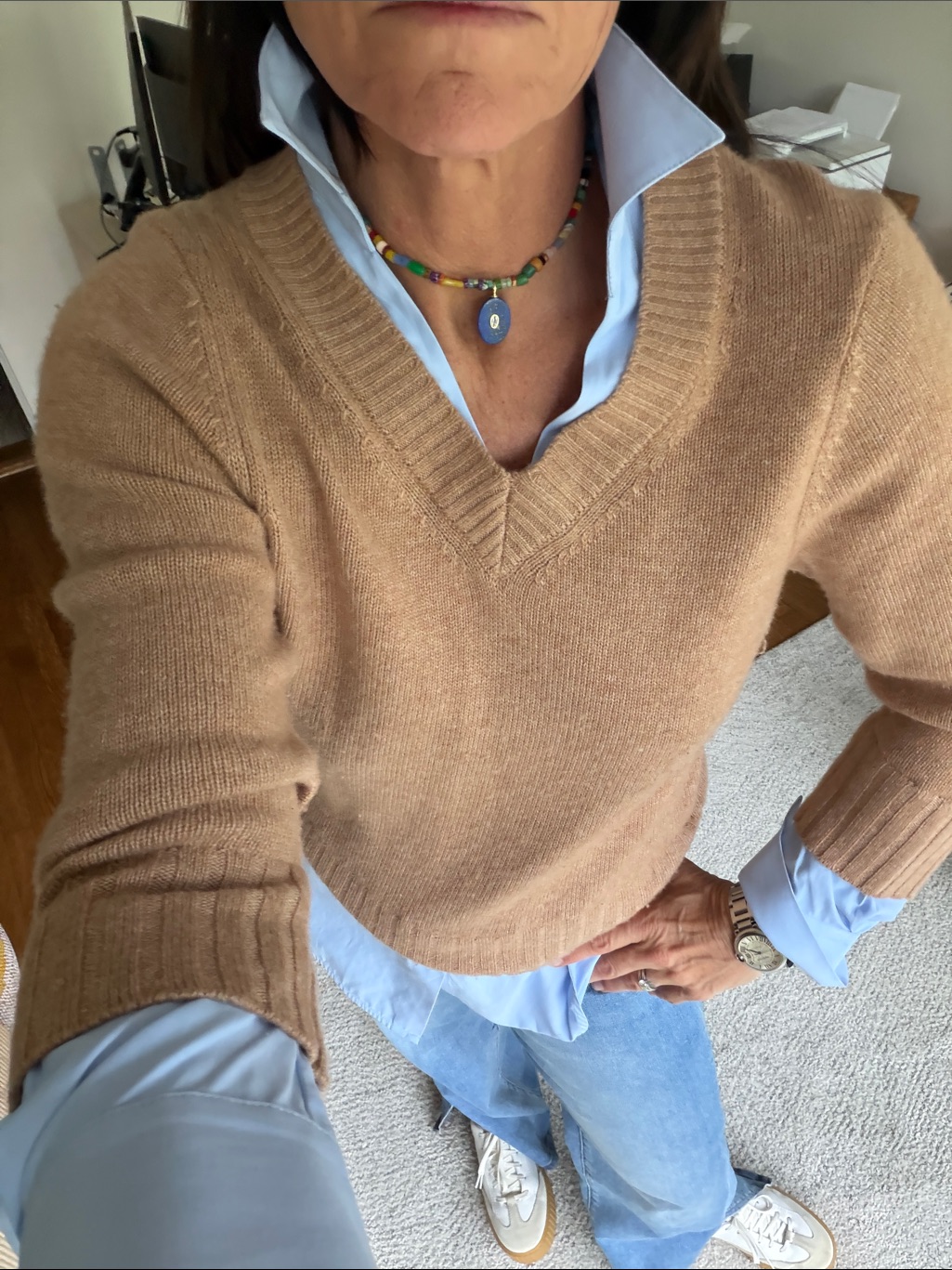 Brochu Walker Camel Sweater With Light Blue Lining